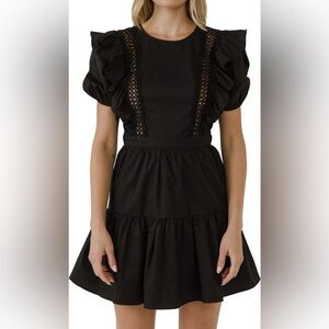 English Factory Black Lace Ruffle Mini Dress